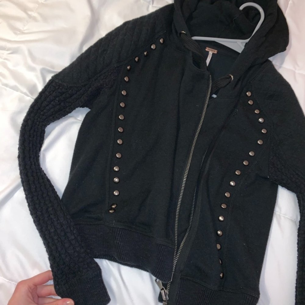 Amazing free people black jacket unique quilted sleeves and hood! Studded  Great